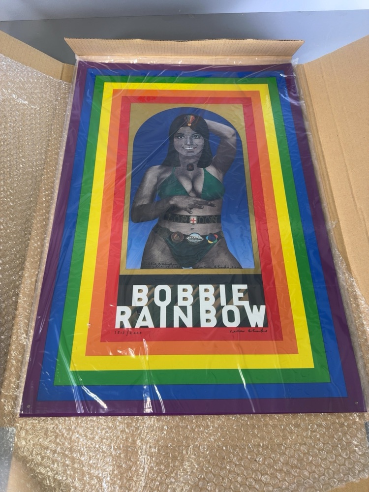 lithoprint on tin depicting a female wrestler in an arched blue frame surrounded by rainbow borders, hand-signed by Peter Blake