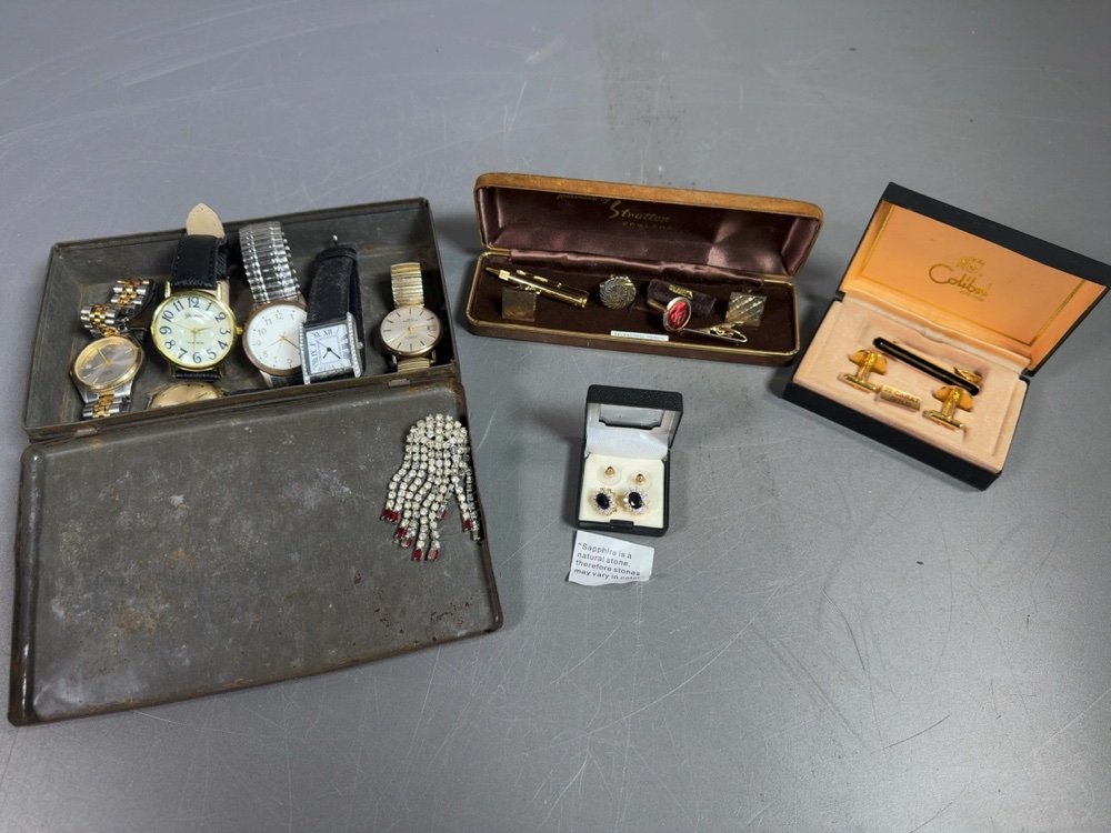 collection of wrist watches with boxed cufflink and tie slide sets