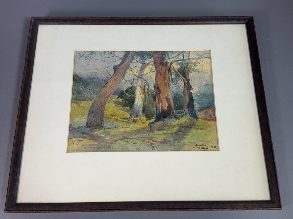 framed watercolour of four gum trees at Phillip Island, initialled M.R.